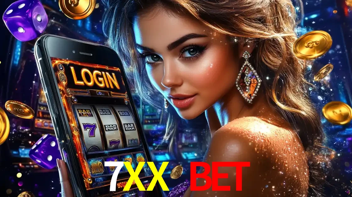 Mulher glamorosa segurando um smartphone com a tela de login para os jogos de caça-níqueis do cassino online 7XX BET, com moedas de ouro e dados ao redor.